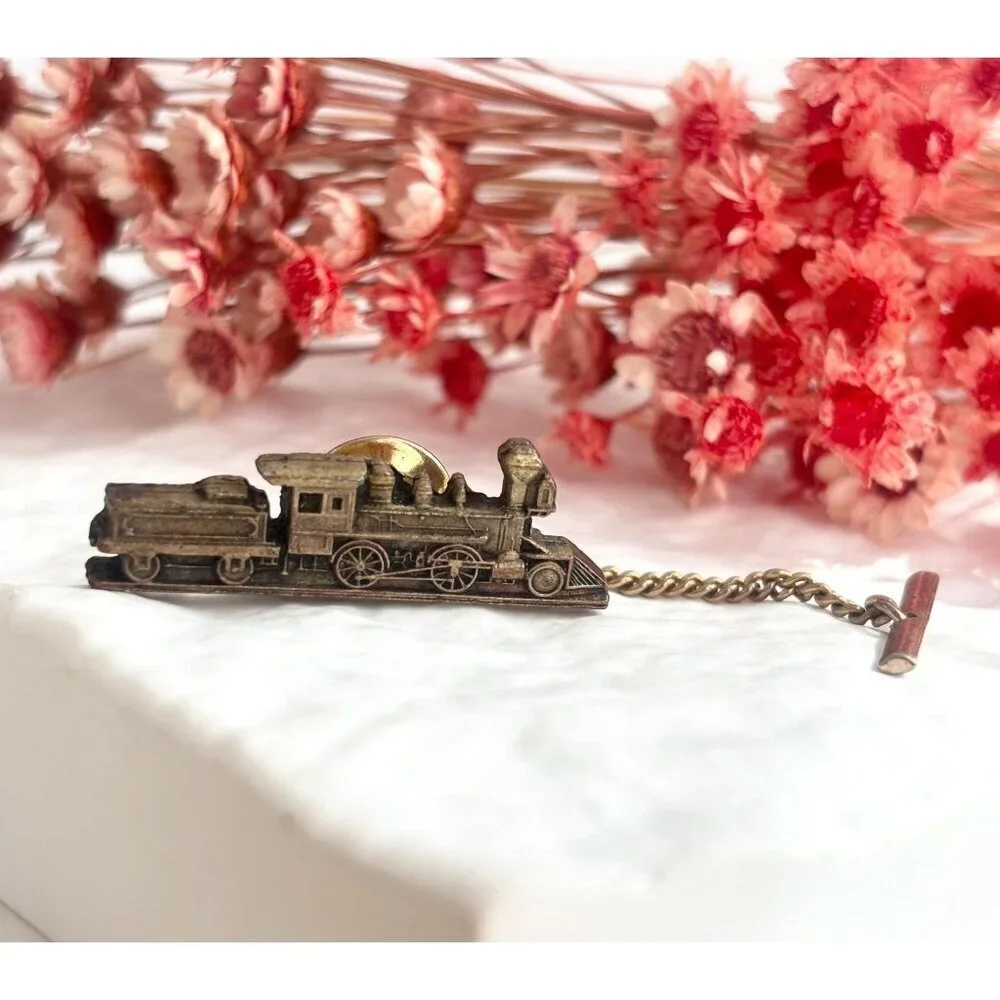 Locomotive Train Brass Toned Vintage Men's Tie Tack